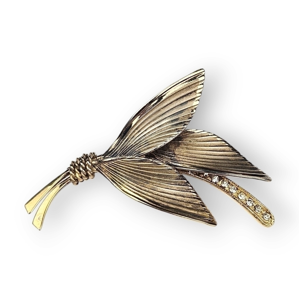 Vintage Sterling Leaf Brooch Floral Rhinestone Gold Plated Bond Boyd 925 Silver